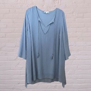 DR2 Muted Blue Swiss Dot V-Neck Tie Tunic